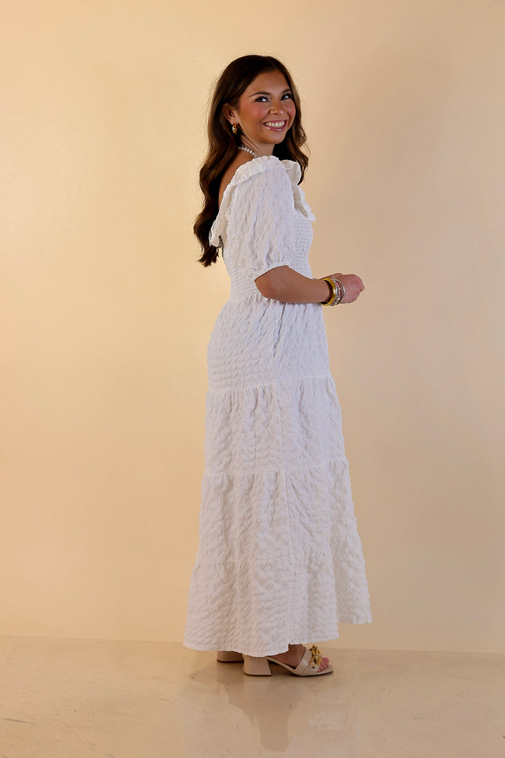 Simply Southern | Radiant Moment Textured Smocked Bodice Tiered Maxi Dress with Puff Sleeves in White