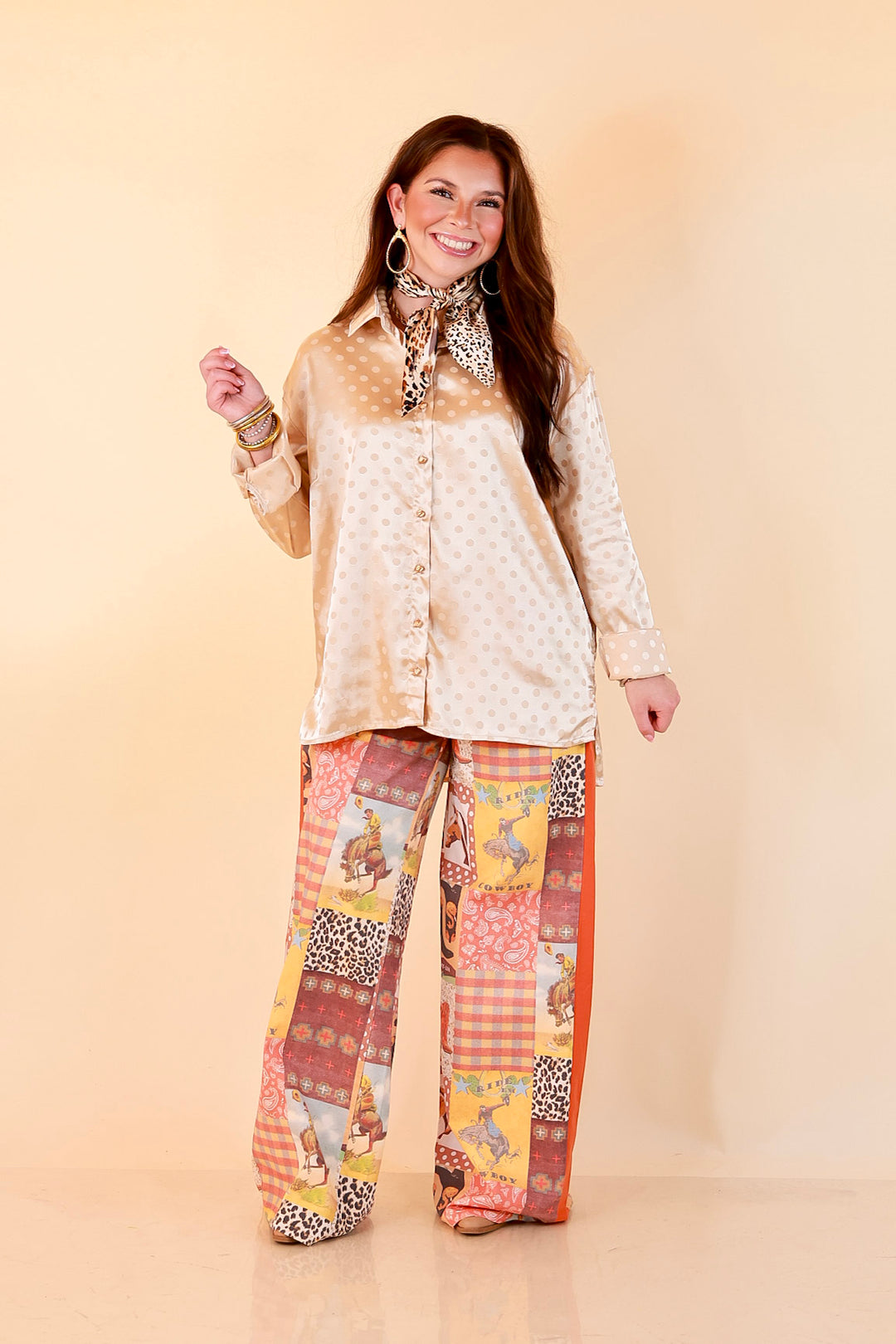 Polished Point of View Satin Collared Polka Dot Button Down Blouse with Gold Buttons in Champagne