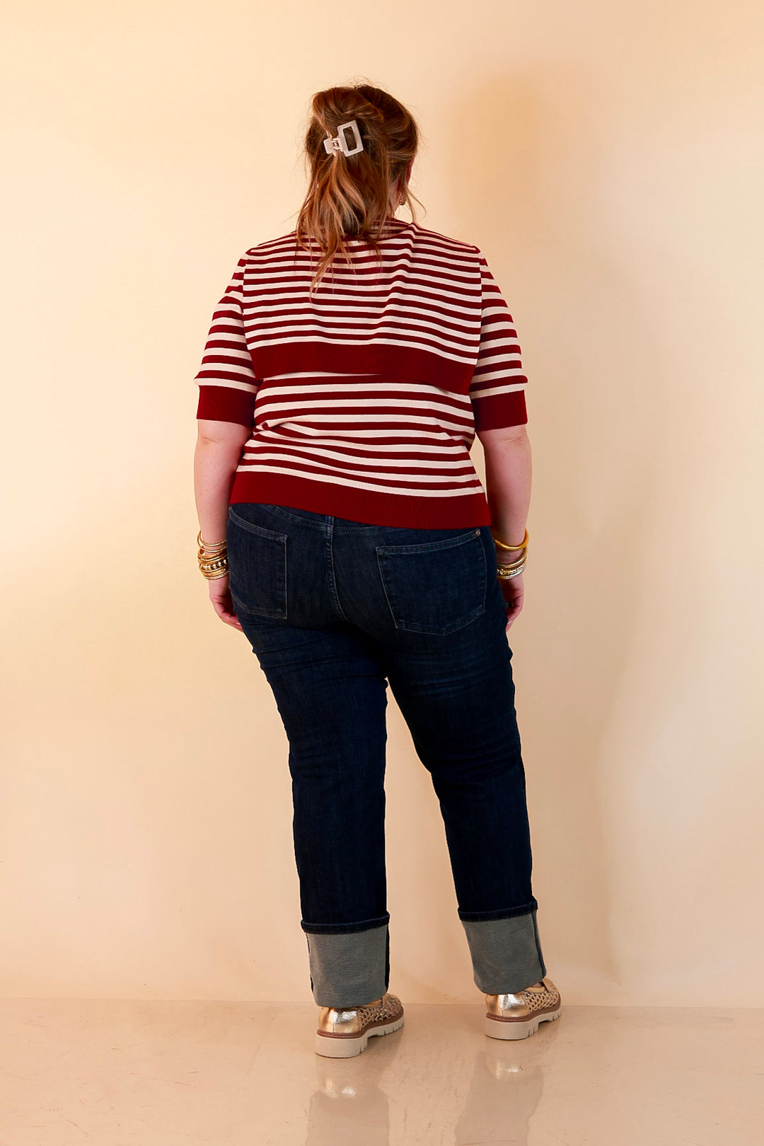 Leading Lady Faux Sweater Tie Detail Short Sleeve Striped Knit Top in Burgundy and Ivory
