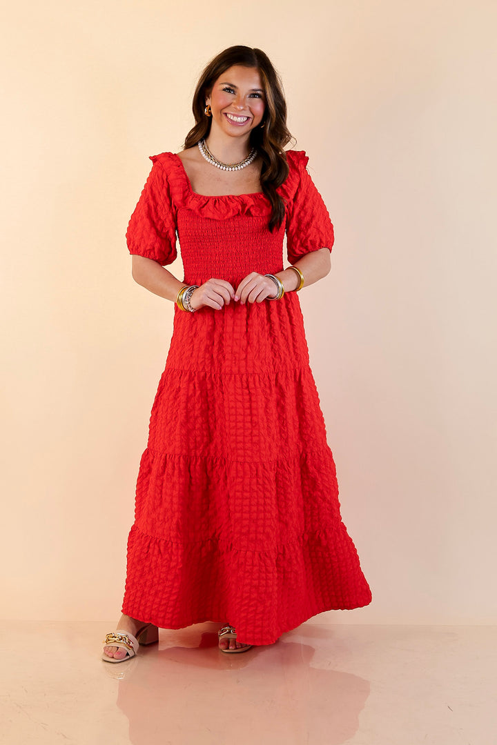 Simply Southern | Radiant Moment Textured Smocked Bodice Tiered Maxi Dress with Puff Sleeves in Red