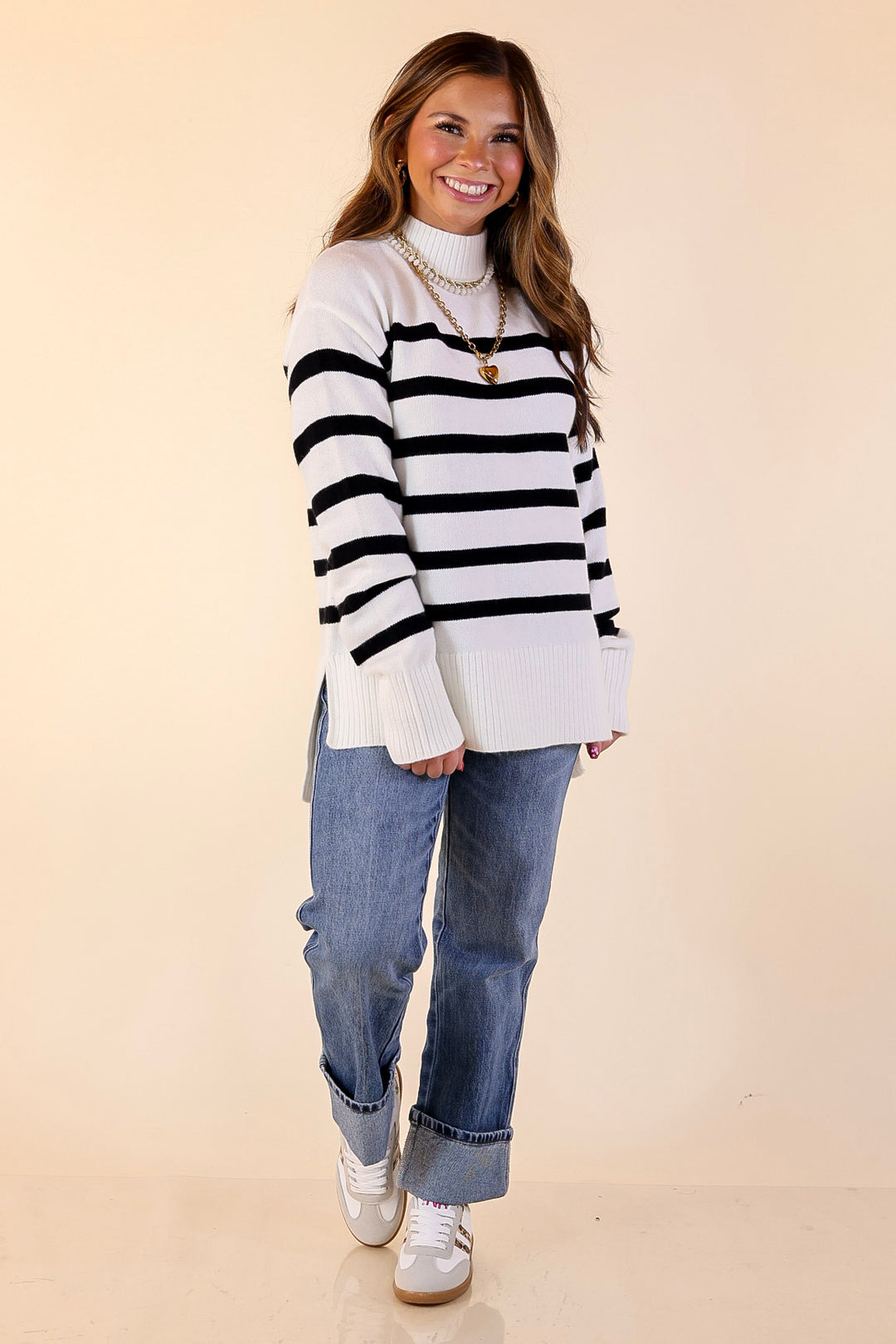 Chilly Day Charm Mock Neck Long Sleeve High-Low Striped Sweater in Ivory with Black Stripes