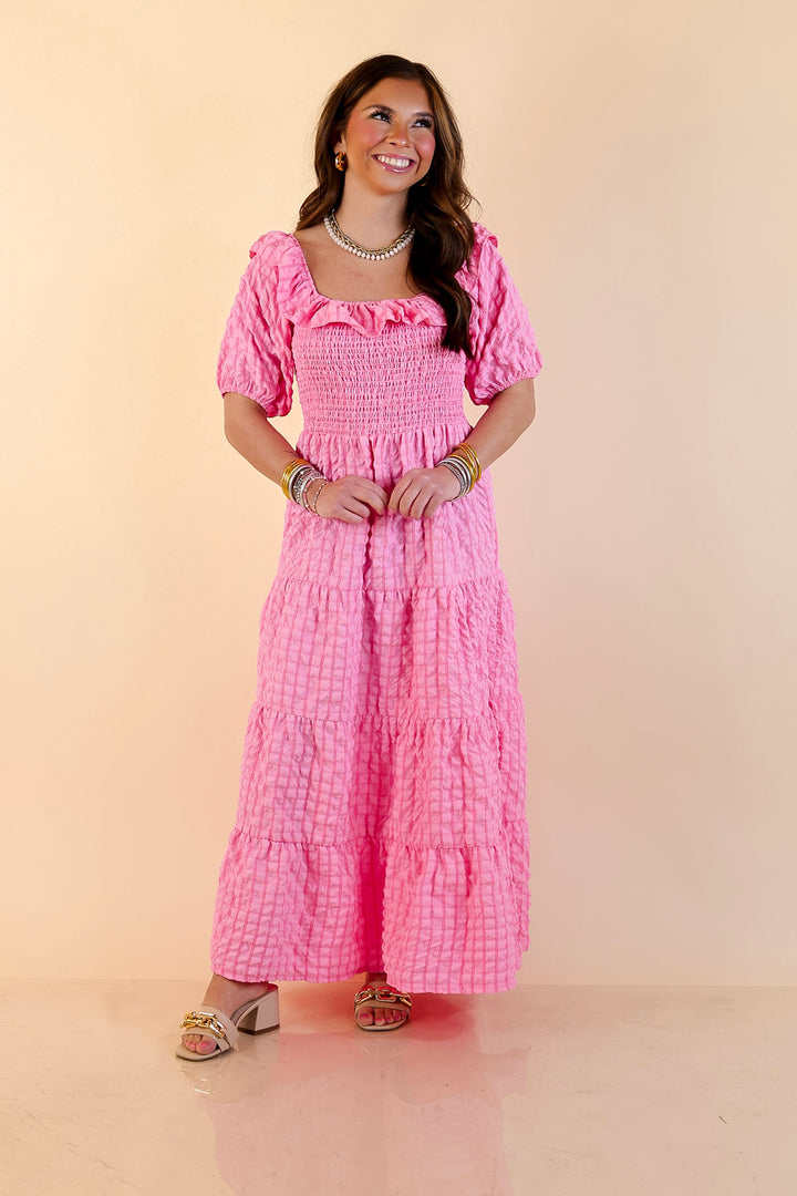Simply Southern | Radiant Moment Textured Smocked Bodice Tiered Maxi Dress with Puff Sleeves in Pink