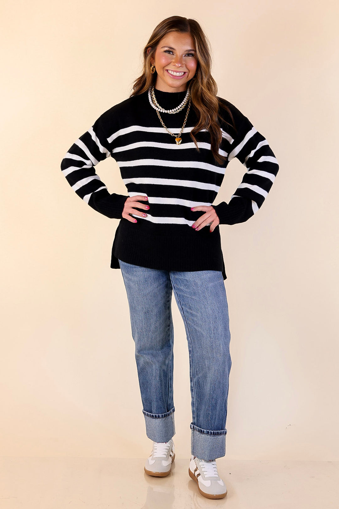 Chilly Day Charm Mock Neck Long Sleeve High-Low Striped Sweater in Black with Ivory Stripes