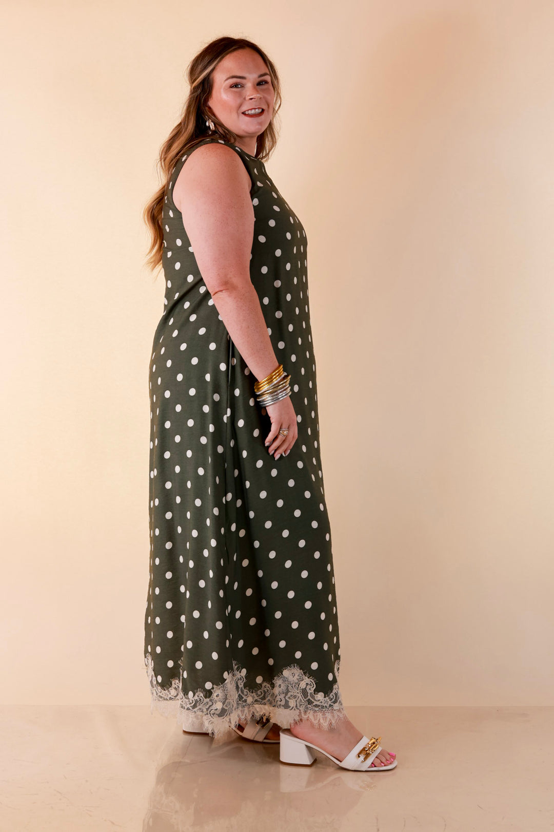 Sweet Little Something Polka Dot Sleeveless Maxi Dress with Lace Trim in Olive Green