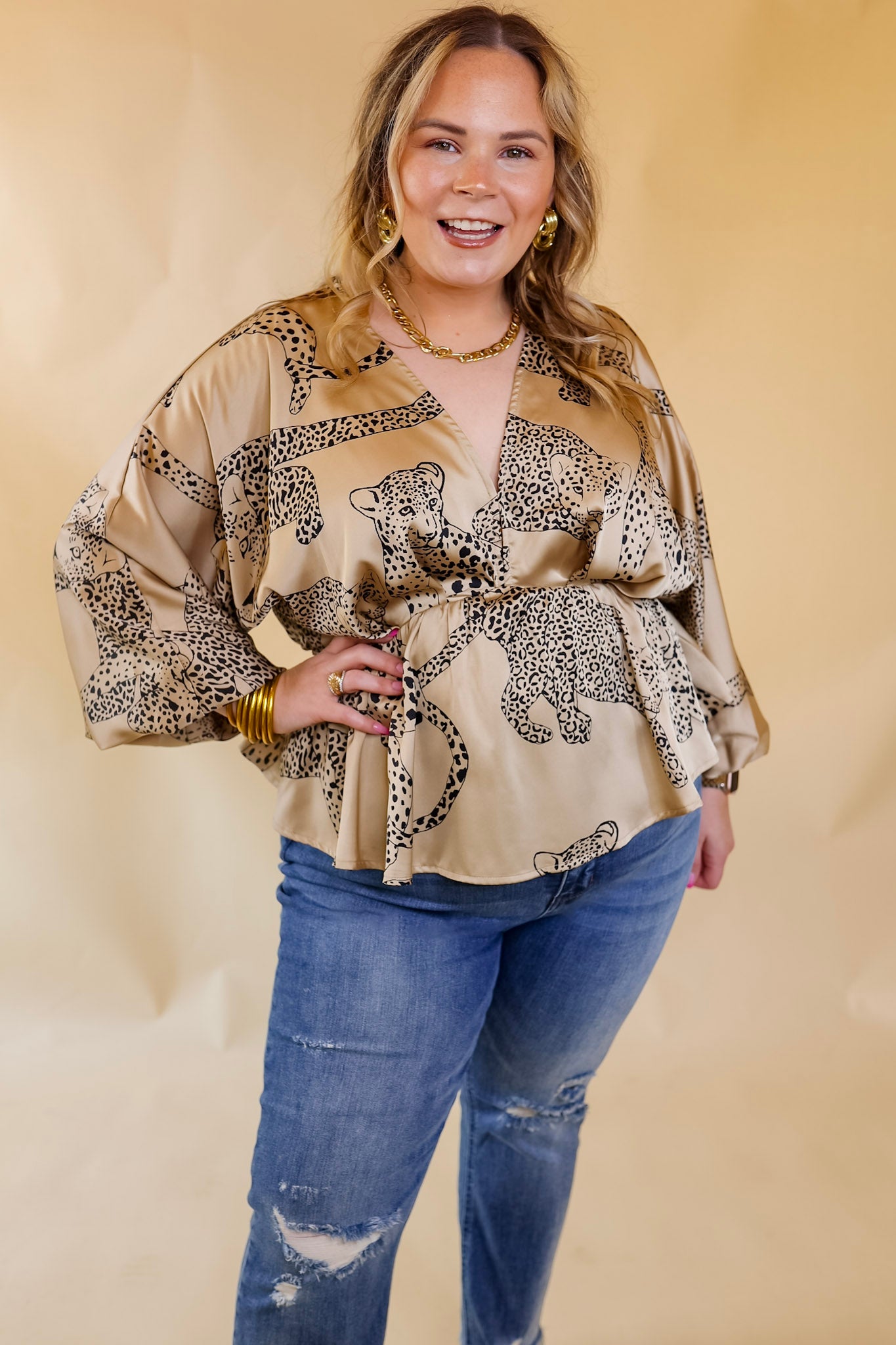Central Ave Sweetness Leopard Print Peplum Top in Tan - Giddy Up Glamour Boutique