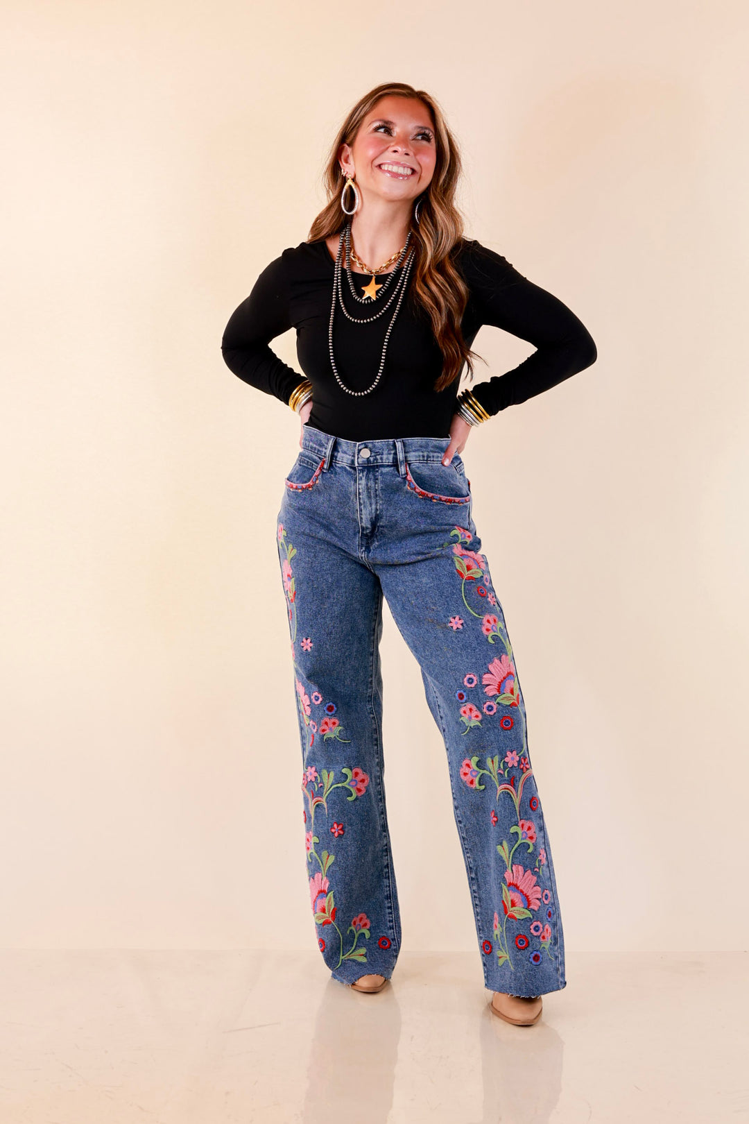 Artfully Yours Straight Leg Raw Hem Embroidered Denim Jeans in Medium Wash