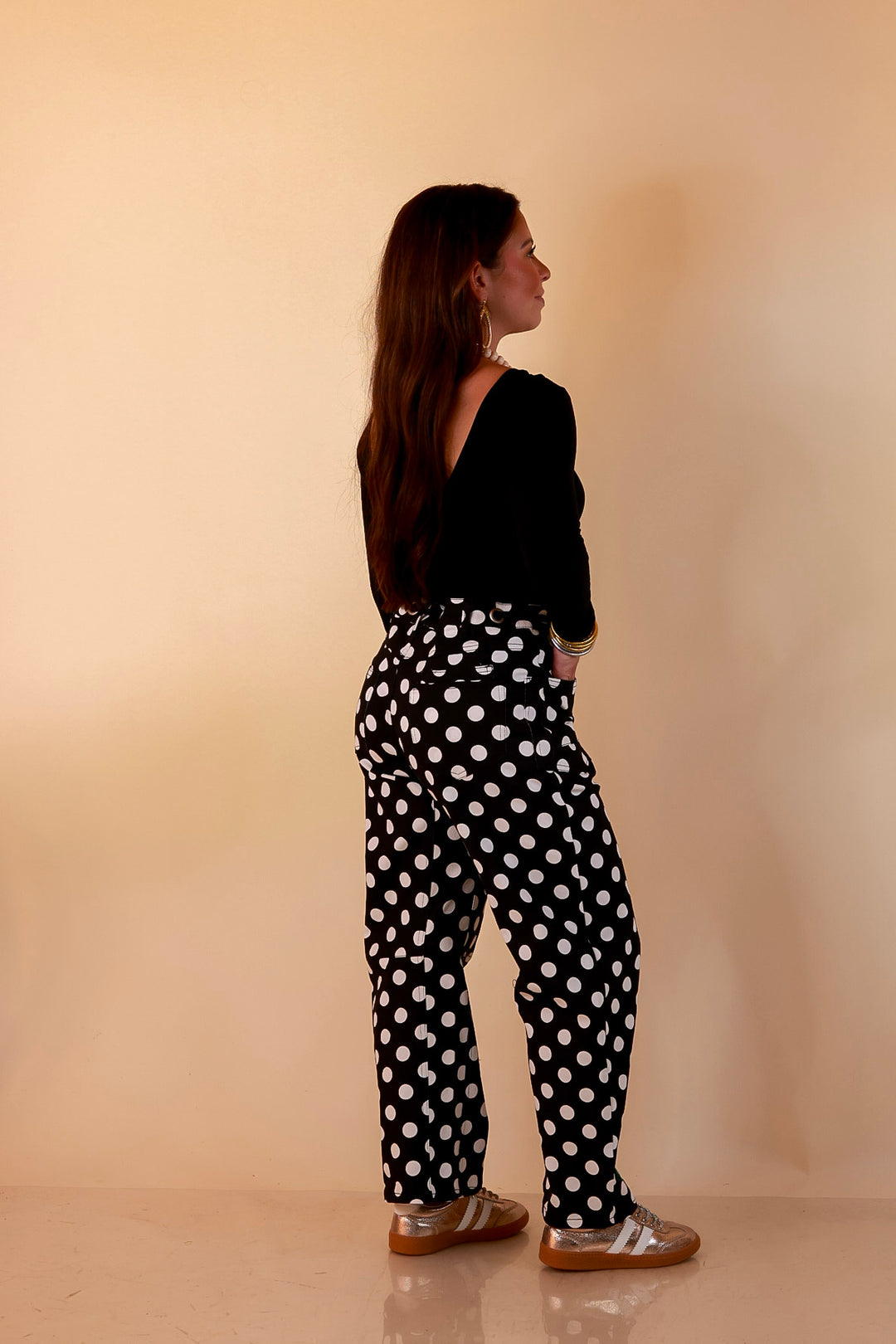 Just My Type Polka Dot Wide Leg Barrel Jeans with Drawstring Waist and Pockets in Black and White