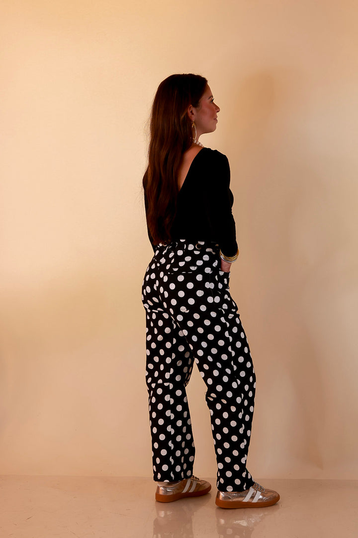 Just My Type Polka Dot Wide Leg Barrel Jeans with Drawstring Waist and Pockets in Black and White