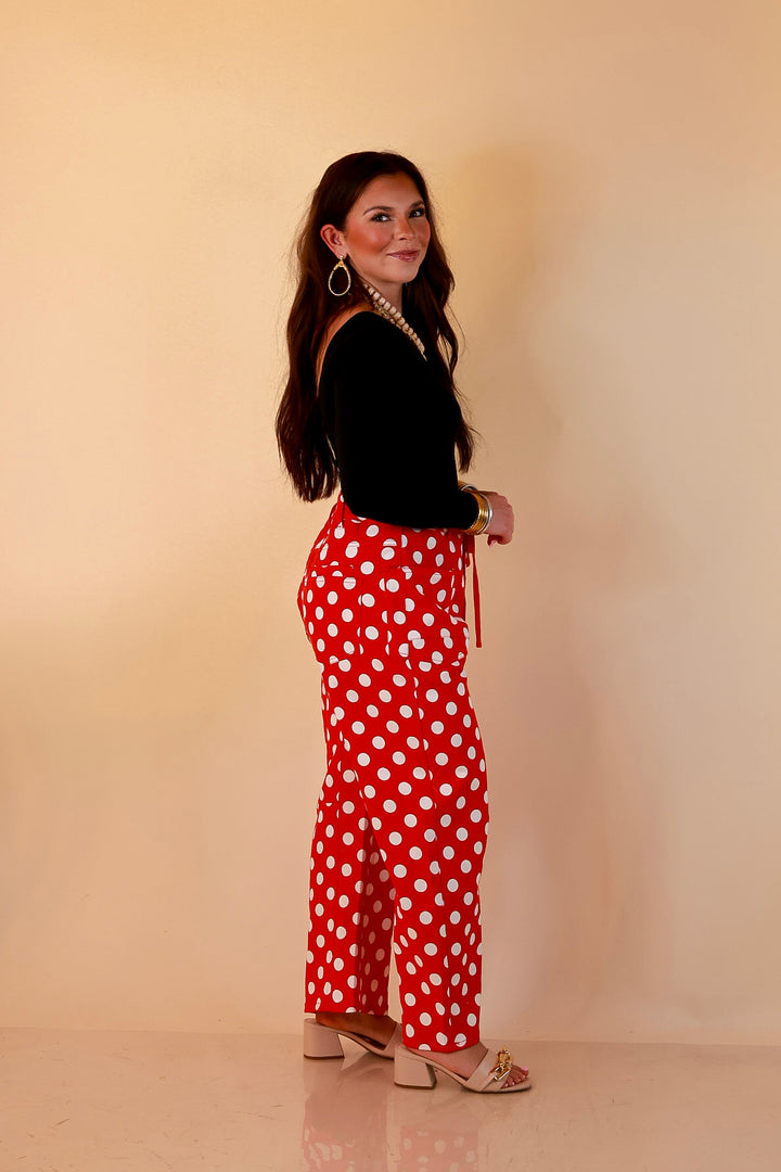 Just My Type Polka Dot Wide Leg Barrel Jeans with Drawstring Waist and Pockets in Red and White