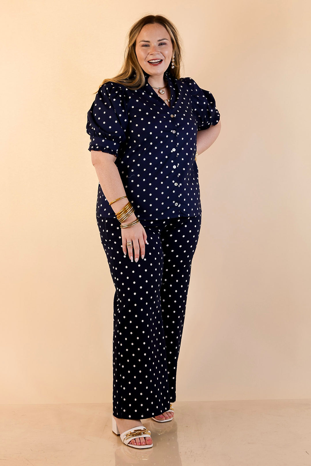 Poised and Polished Button Front Puff Sleeve Top with Polka Dot Print in Navy Blue and White