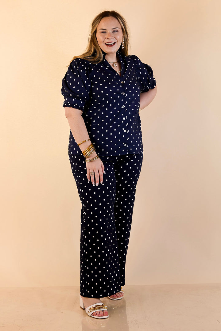 Poised and Polished Button Front Puff Sleeve Top with Polka Dot Print in Navy Blue and White
