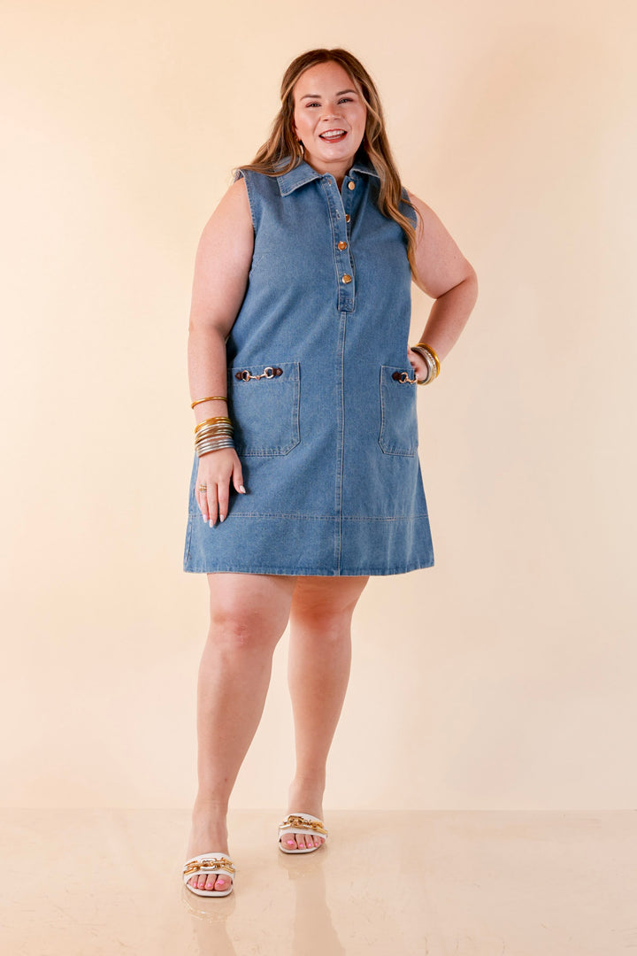 Easy on Repeat Collared Sleeveless Denim Dress with Horse Bit Detailing in Medium Wash