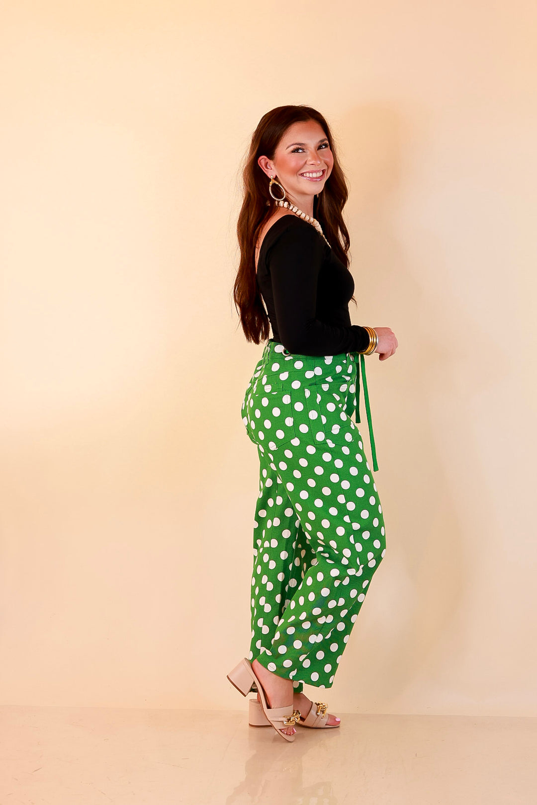 Just My Type Polka Dot Wide Leg Barrel Jeans with Drawstring Waist and Pockets in Green and White