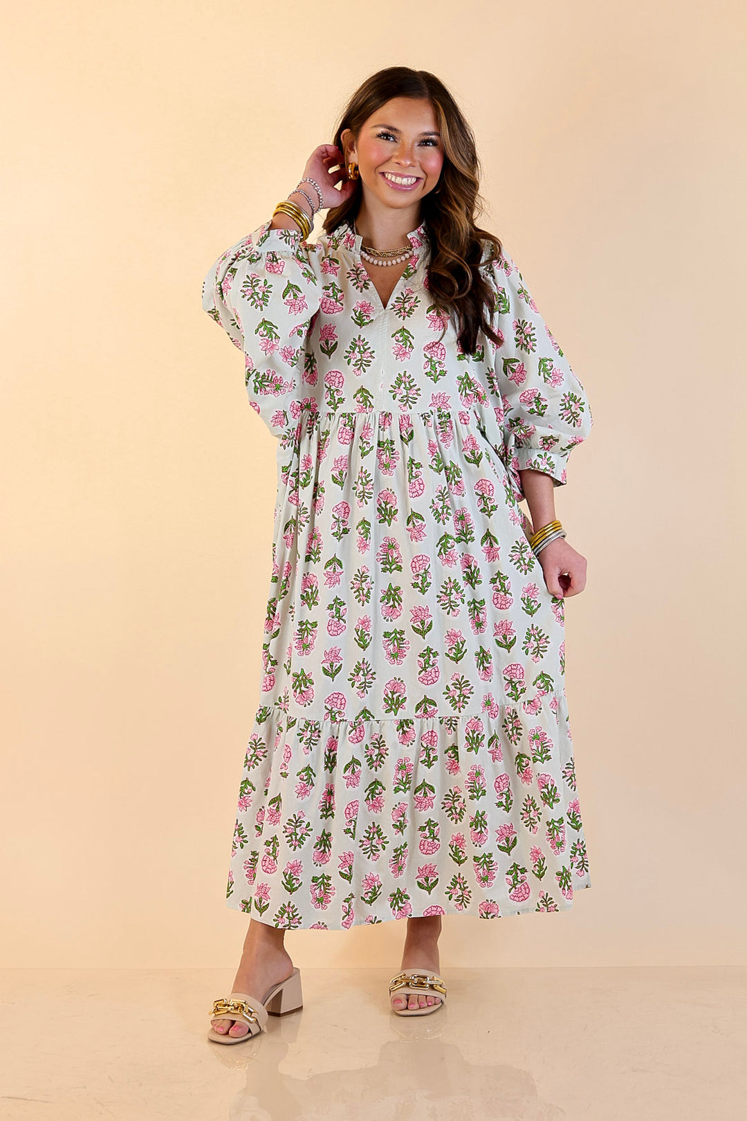 Mud Pie | Lovely Impression Cotton Poplin Floral Midi Dress with Ruffle Collar and Puff Sleeves in Sage Multi