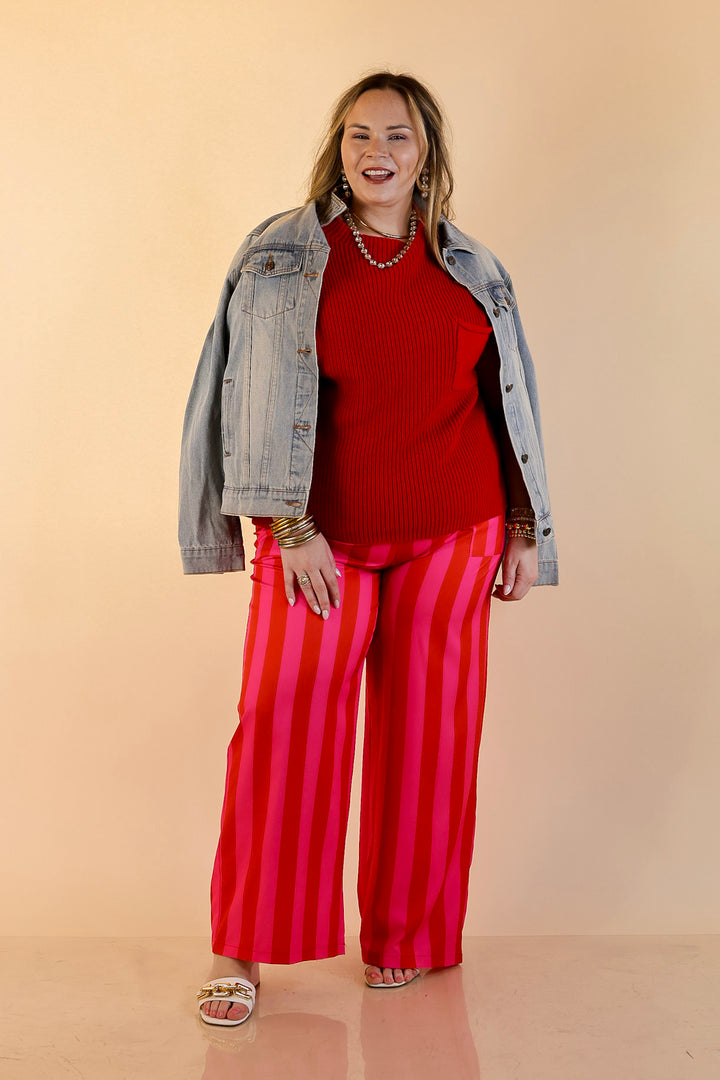 Electric Energy Elastic Waist Wide Leg Stripe Pants with Pockets in Pink and Red