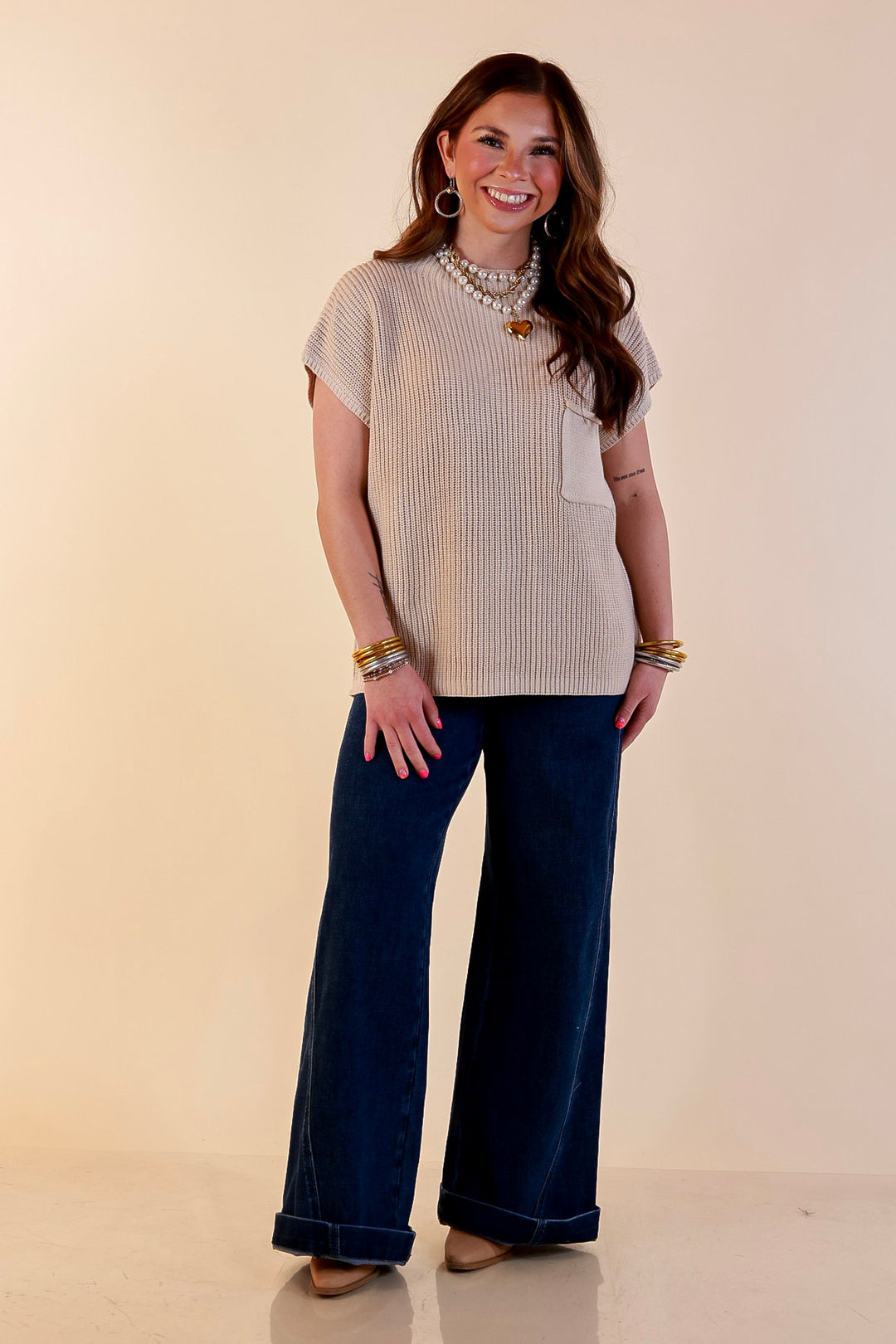 Repeat Ready Cap Sleeve Sweater with Front Pocket in Natural Beige