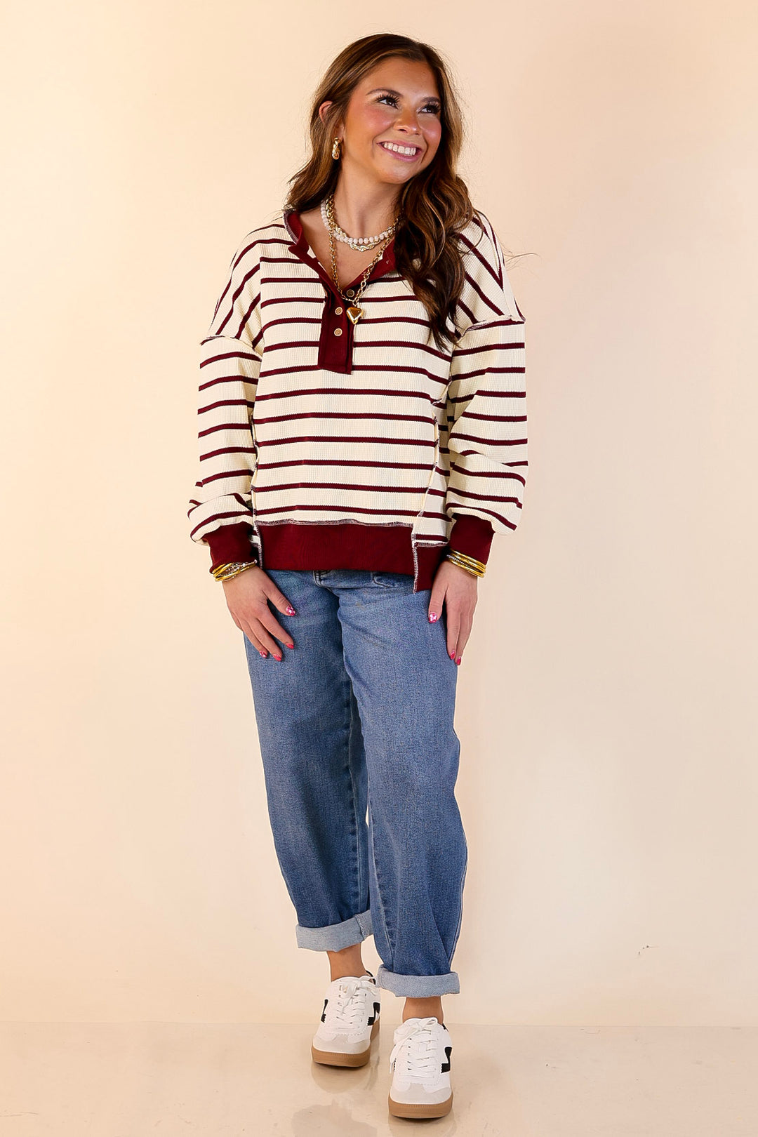 Casual Edge Long Sleeve Striped Henley Knit Top with Dropped Shoulders in Ivory with Maroon Stripes