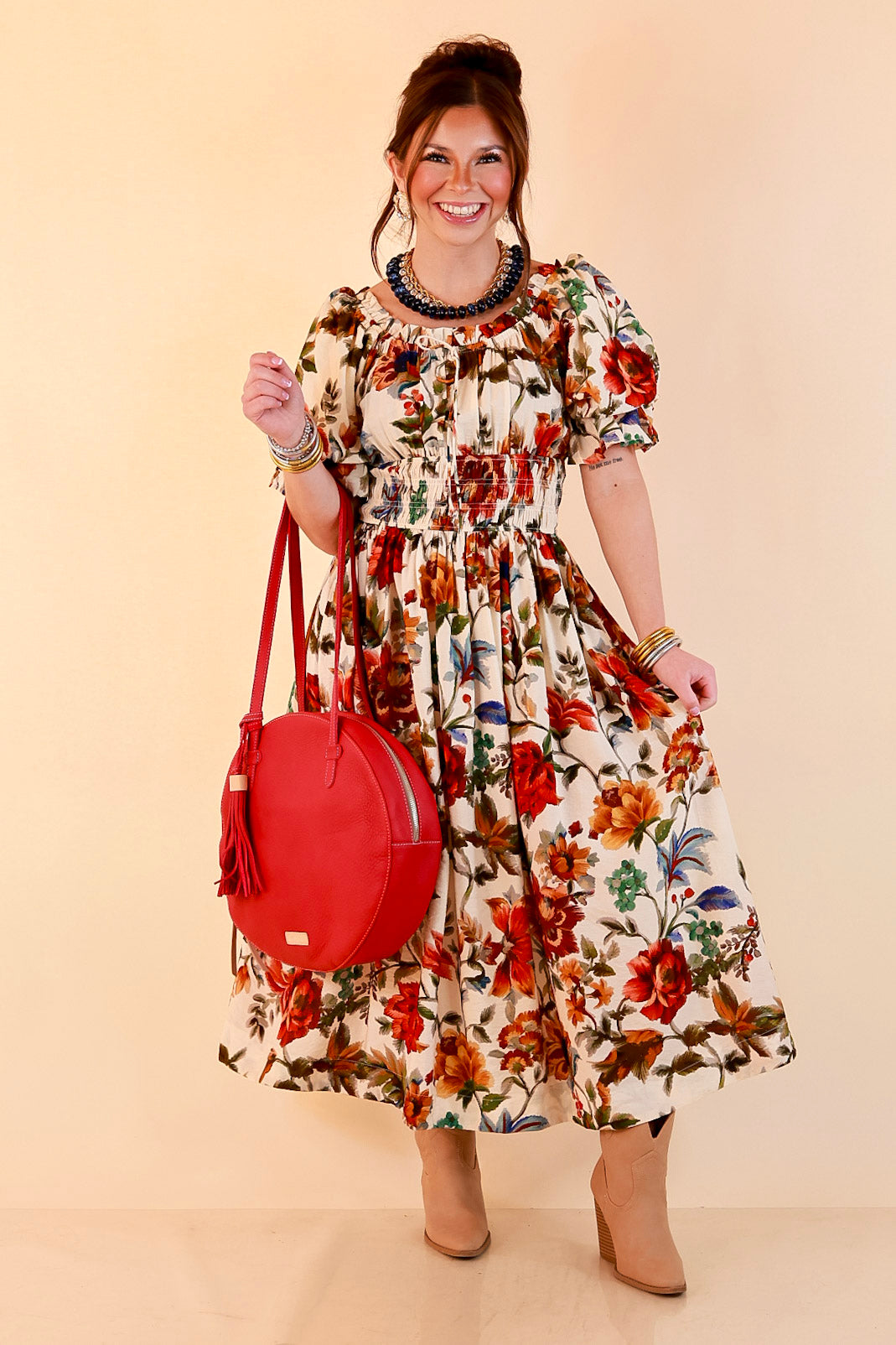 Autumn in the Air Puff Sleeve Smocked Waist Floral Print Tiered Midi Dress in Ivory Multi