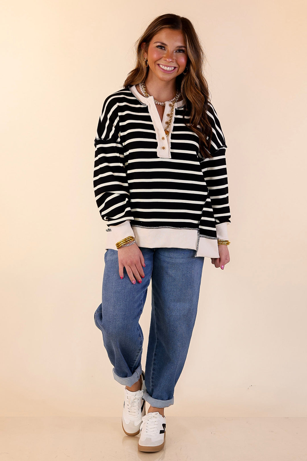 Casual Edge Long Sleeve Striped Henley Knit Top with Dropped Shoulders in Black with Ivory Stripes
