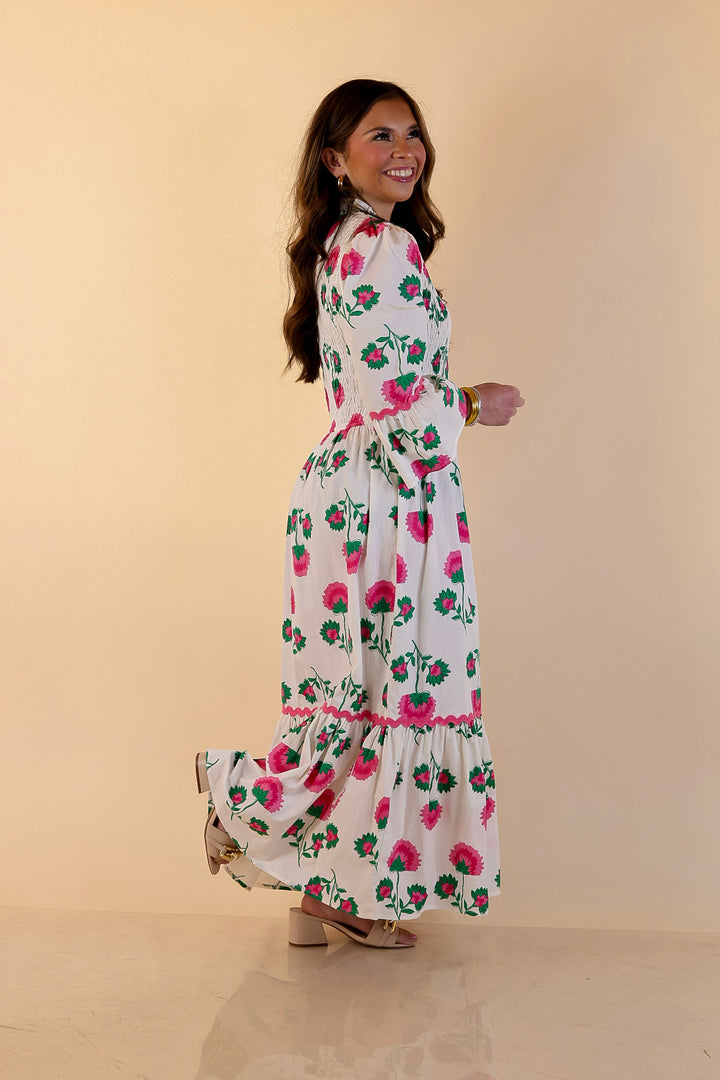 Mud Pie | Petal Parade Smocked Floral Print Tiered Midi Dress with Scallop Trim in Cream Multi