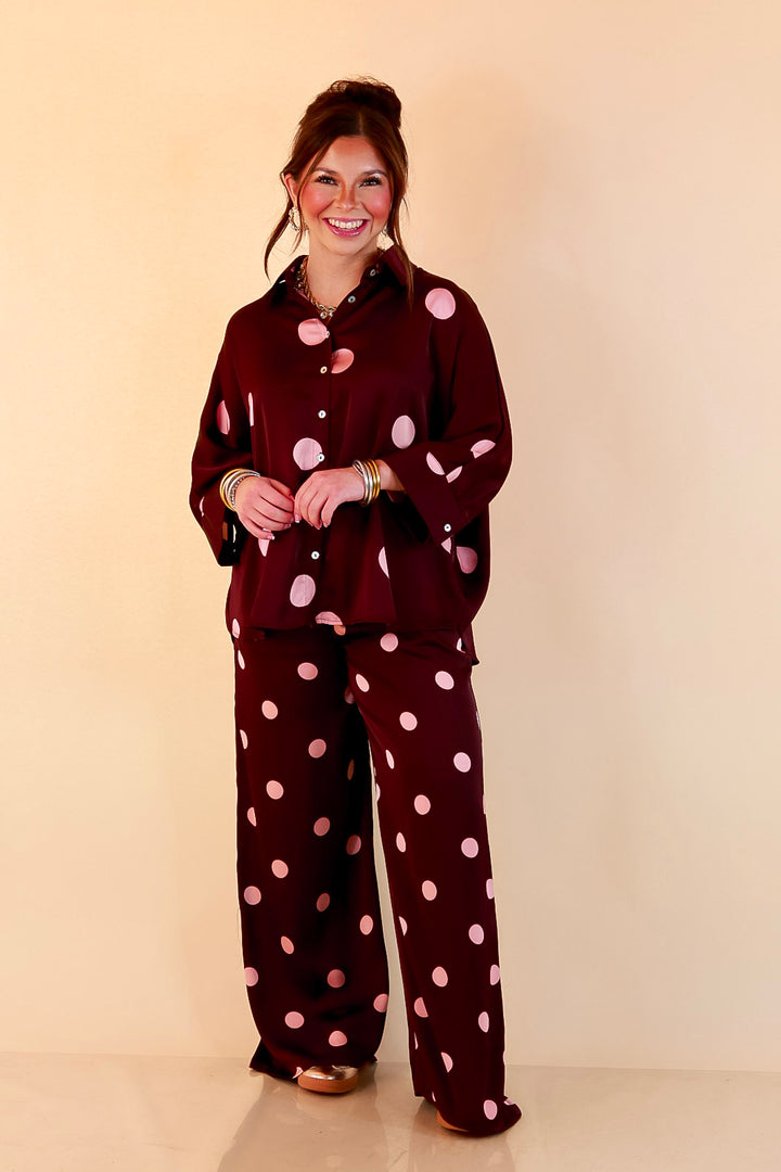 Two of a Kind Oversized Long Sleeve Button Down Blush Pink Polka Dot Blouse in Maroon
