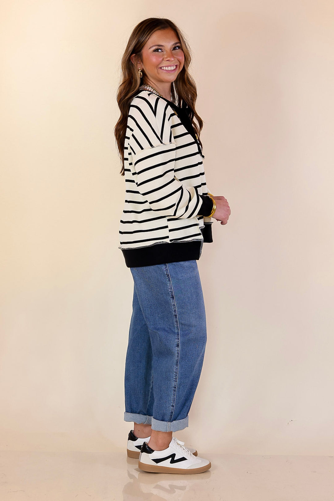 Casual Edge Long Sleeve Striped Henley Knit Top with Dropped Shoulders in Ivory with Black Stripes