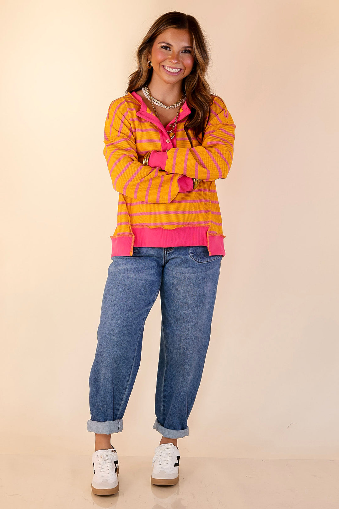 Casual Edge Long Sleeve Striped Henley Knit Top with Dropped Shoulders in Orange with Pink Stripes