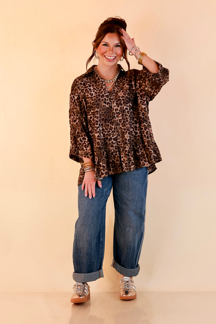 Quite the Impression Collared Button Front Leopard Print Peplum Top in Brown Multi