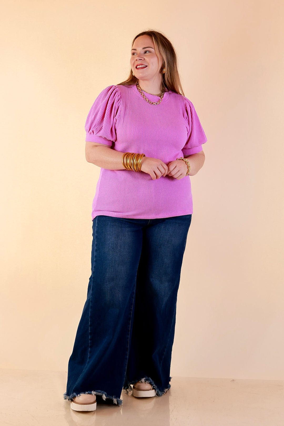 Sweet Sophistication Puff Short Sleeve Ribbed Top with Scoop Neck in Violet Purple