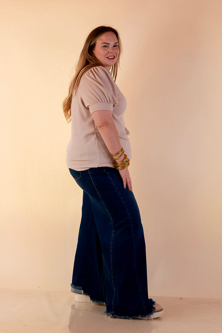 Sweet Sophistication Puff Short Sleeve Ribbed Top with Scoop Neck in Beige
