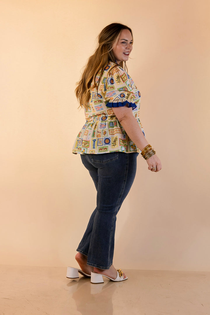 Simply Southern | Sunny Side Style Mediterranean Tile Print Peplum Top with Ruffle Trim in Cream Multi