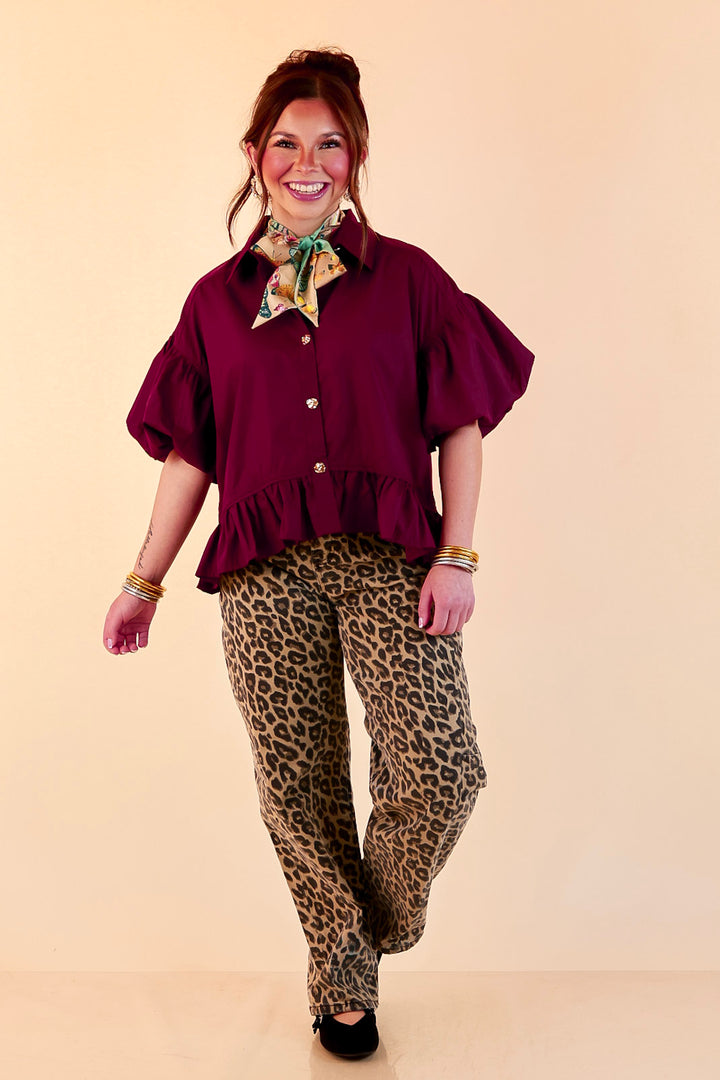Style in Session Solid Button Down Peplum Bubble Sleeve Top in Maroon