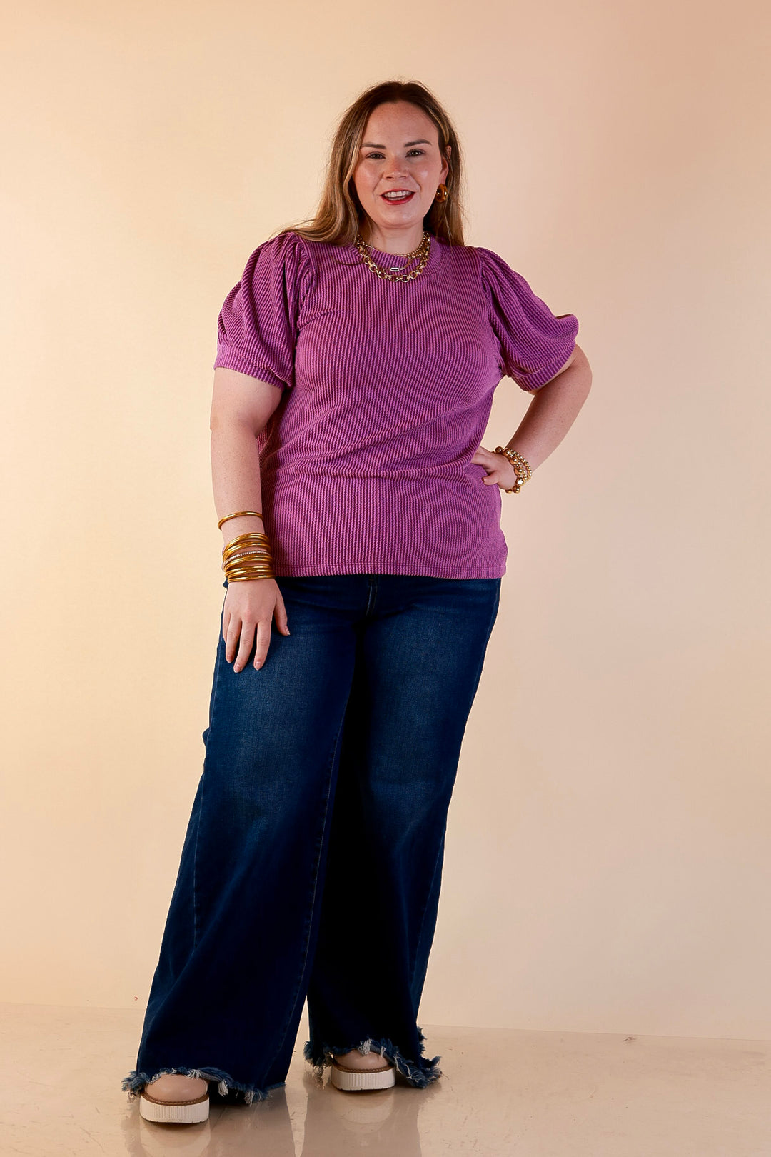 Sweet Sophistication Puff Short Sleeve Ribbed Top with Scoop Neck in Purple