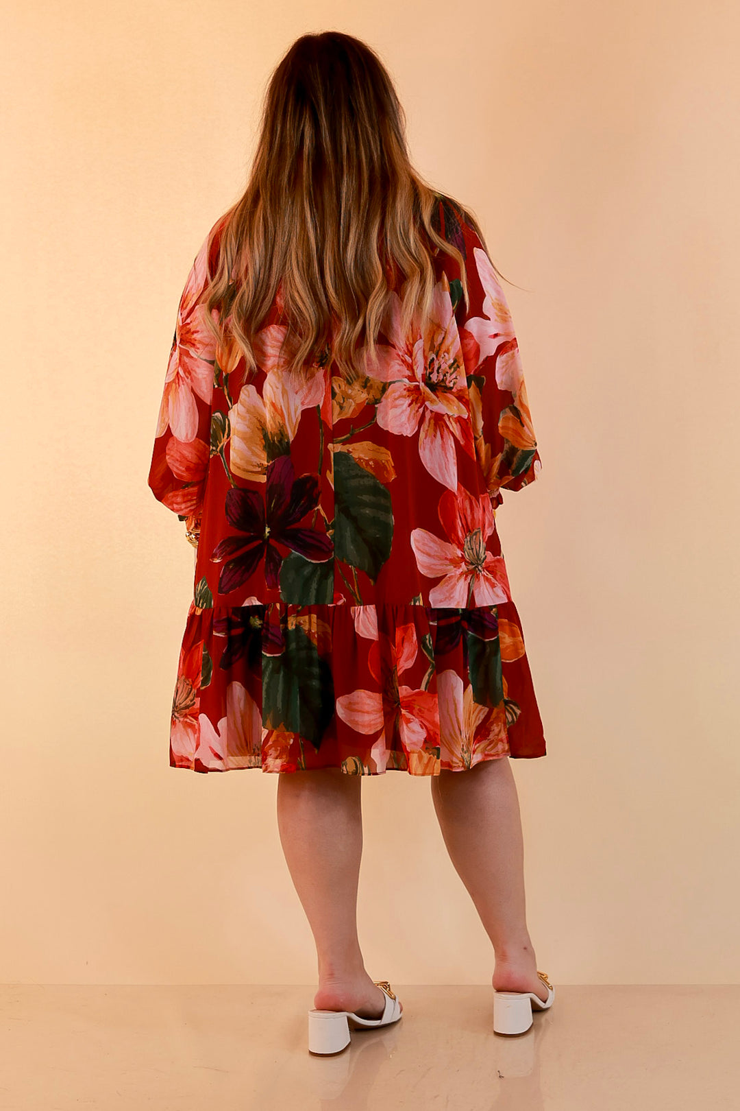 Autumn Romance Ruffle Neck Long Sleeve Floral Peplum Dress in Rust Red Multi