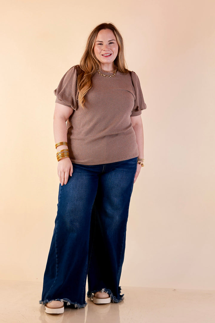Sweet Sophistication Puff Short Sleeve Ribbed Top with Scoop Neck in Mocha Brown