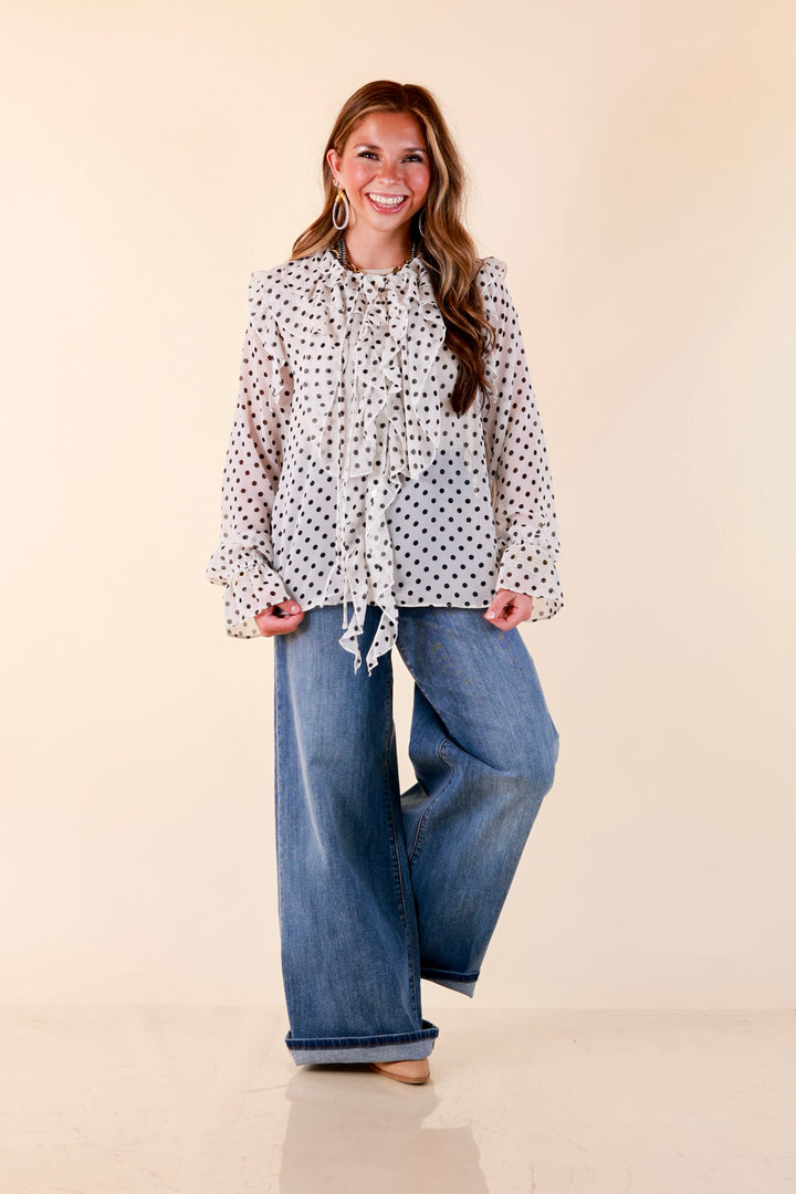Finer Things Long Sleeve Sheer Ruffle Polka Dot Print Blouse with Balloon Sleeves in White with Black Dots