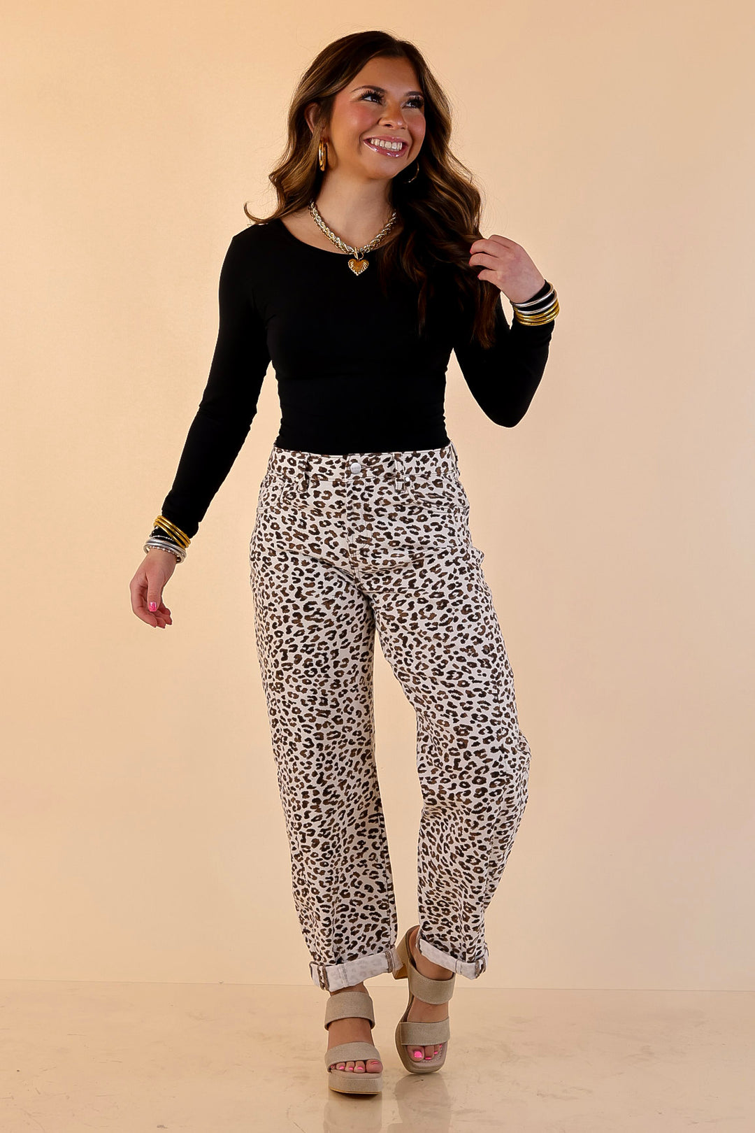 Risen | Wild Intentions Leopard Print Barrel Jeans in Ivory and Brown