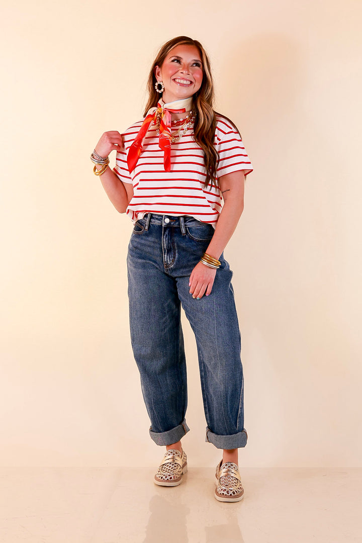 The Daily Stripe Scoop Neck Short Sleeve Striped Tee Top in Red