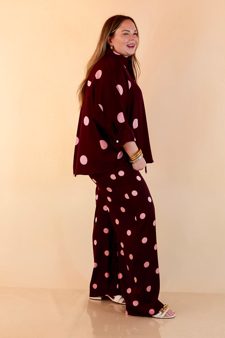 Two of a Kind Full Length Wide Leg Pull-On Drawstring Blush Pink Polka Dot Pants in Maroon