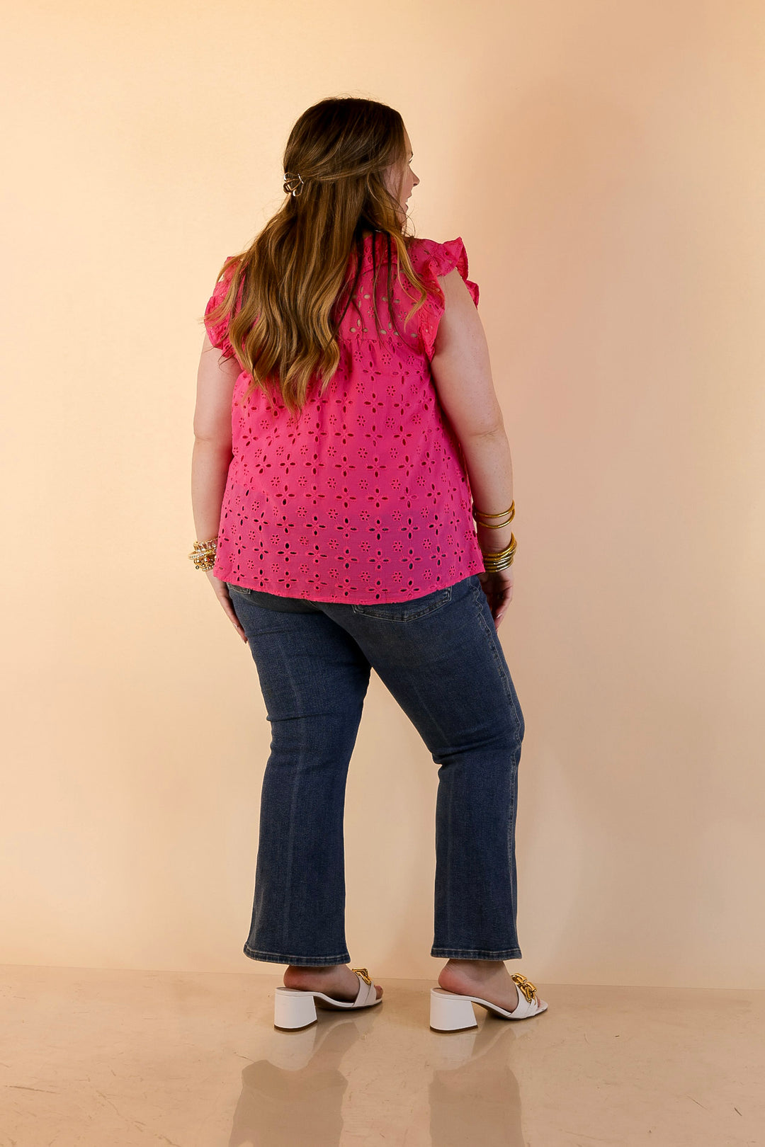Mud Pie | Bloom with Joy Eyelet Ruffle Sleeve Top with Mock Neckline in Bright Pink