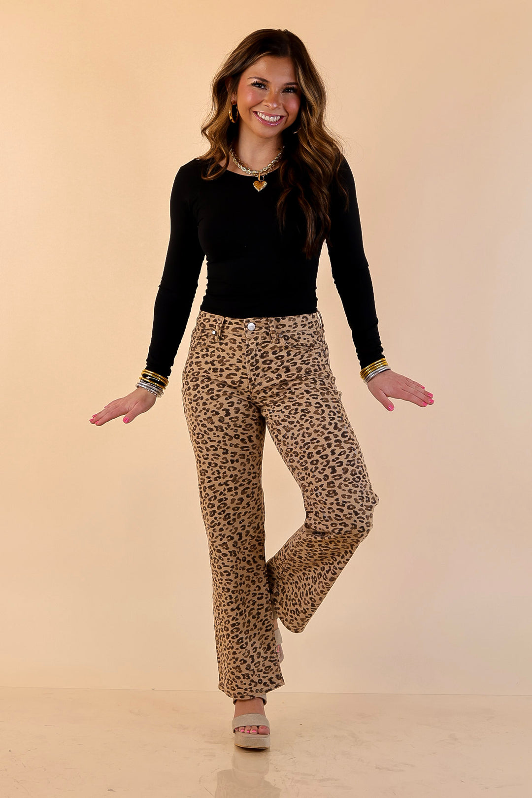 Risen | Effortlessly Wild Leopard Print Cropped Slim Straight Jeans in Camel Brown