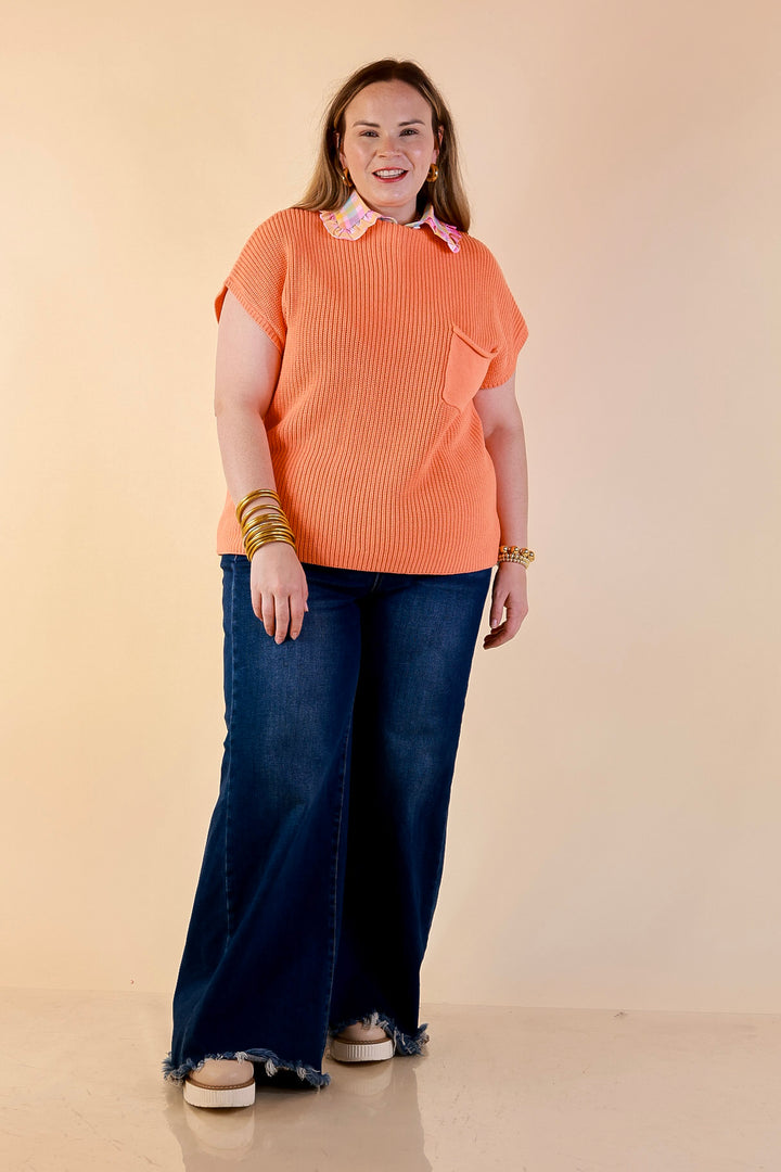 Repeat Ready Cap Sleeve Sweater with Front Pocket in Coral Orange