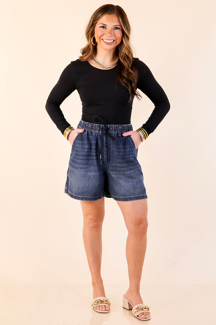 Judy Blue | Easy Company Featherweight Drawstring Denim Shorts in Dark Wash