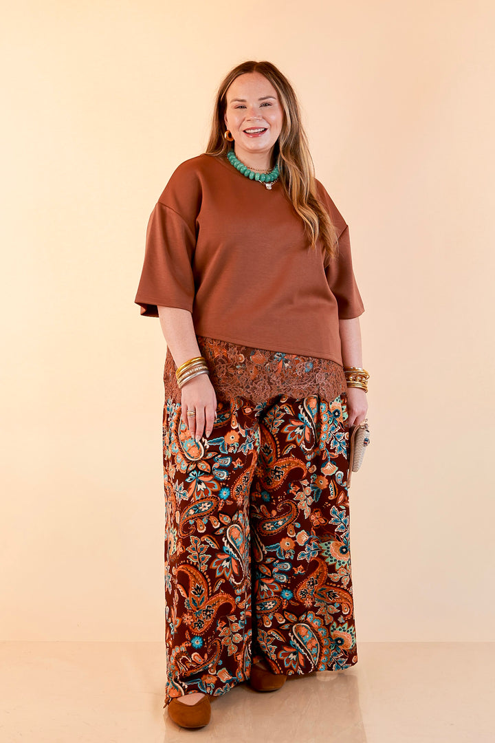 Laced with Charm Oversized Asymmetrical Lace Trim Boxy Top in Coco Brown