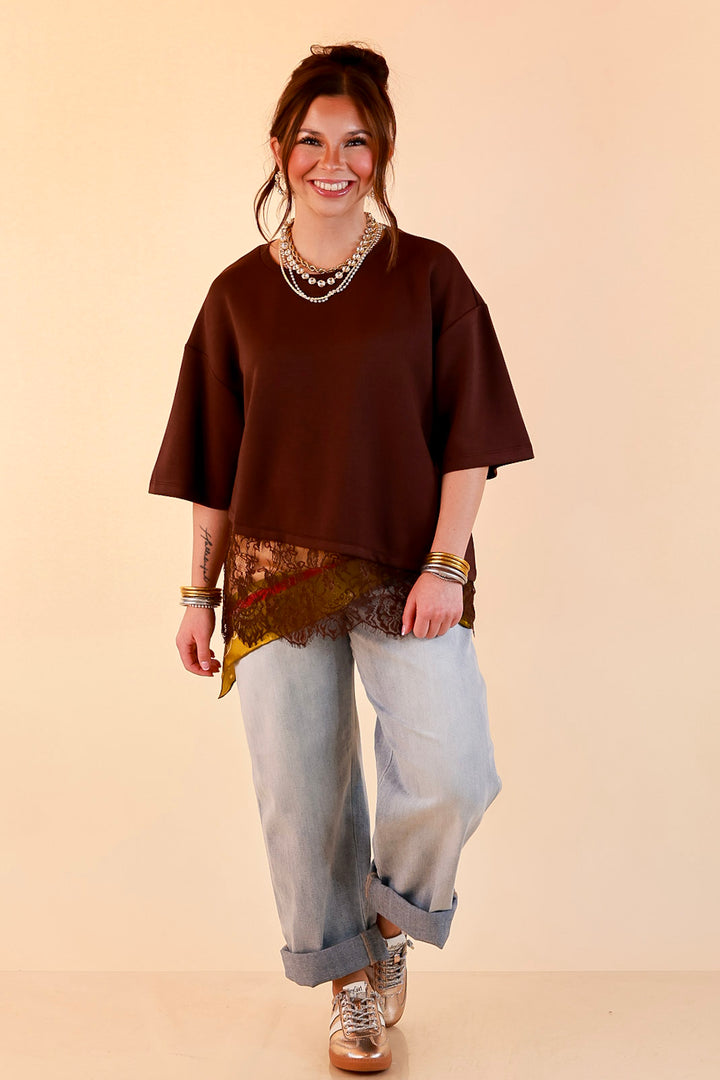 Laced with Charm Oversized Asymmetrical Lace Trim Boxy Top in Chocolate Brown
