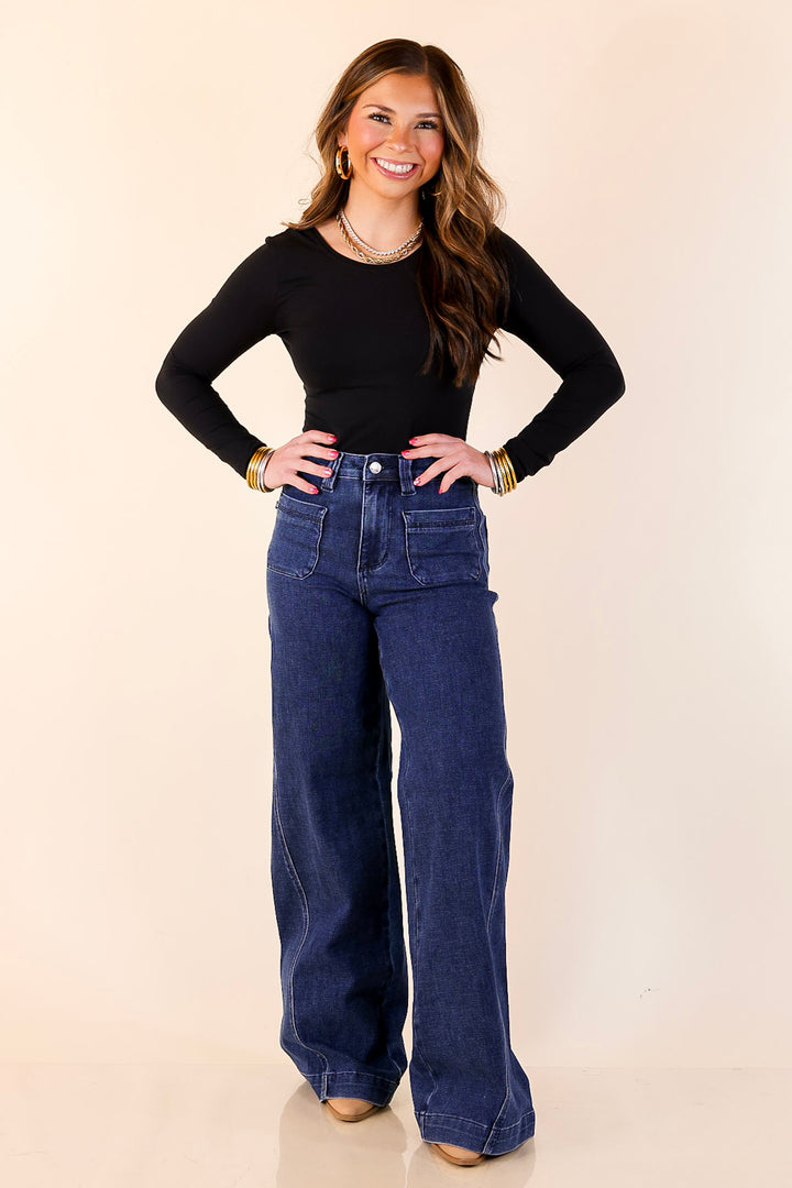 Judy Blue | Front and Center Front Patch Pocket Retro Wide Leg Trouser Jean in Dark Wash
