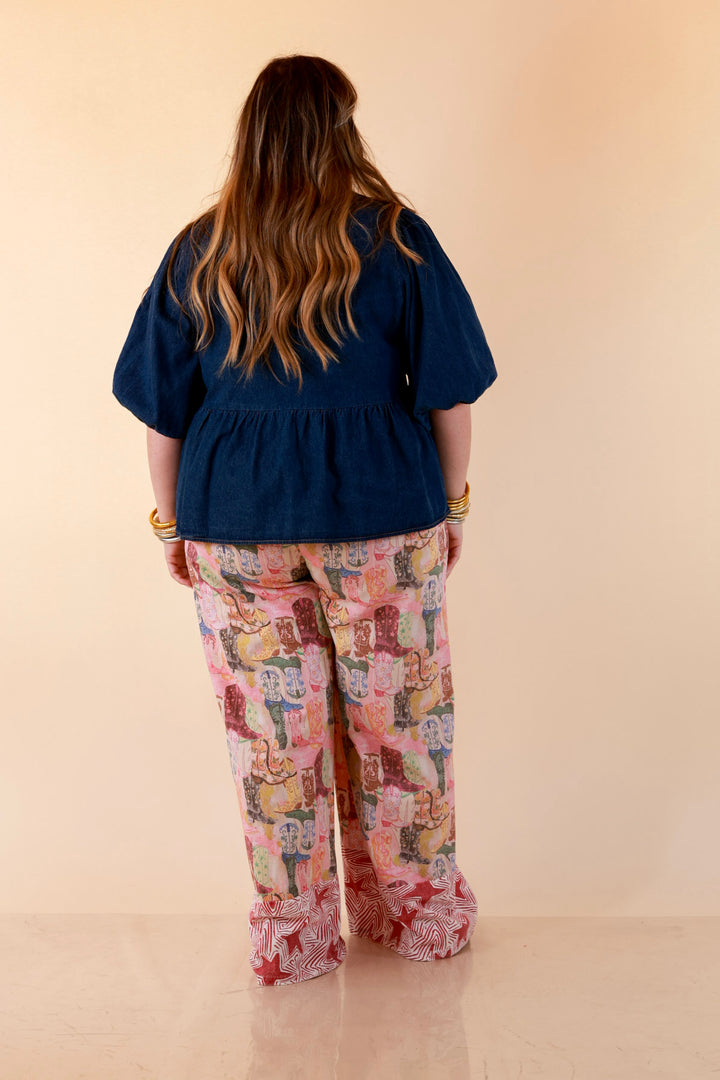 Pairs Well with Others Boots and Stars Mixed Print Drawstring Pants with Elastic Waistband in Red Mix