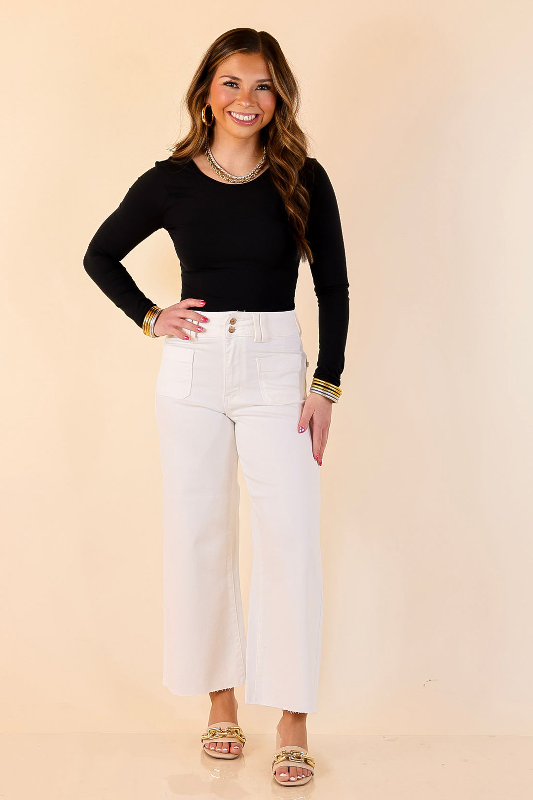 Judy Blue | No Second Guessing Cropped Wide Leg with Front Patch Pocket Jean in Ivory