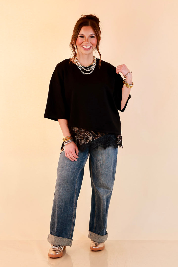 Laced with Charm Oversized Asymmetrical Lace Trim Boxy Top in Black