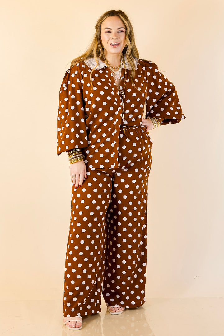 Better Together Polka Dot Button Up Collared Top with Poofy Sleeves in Brown